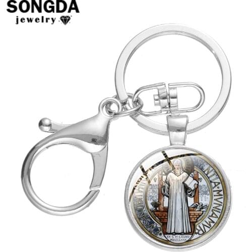 SONGDA St. Benedict Medal Keychain Handicraft San Benito Cross Medal Art Pattern Glass Cabochon Charm Key Ring Holder Holy Gift