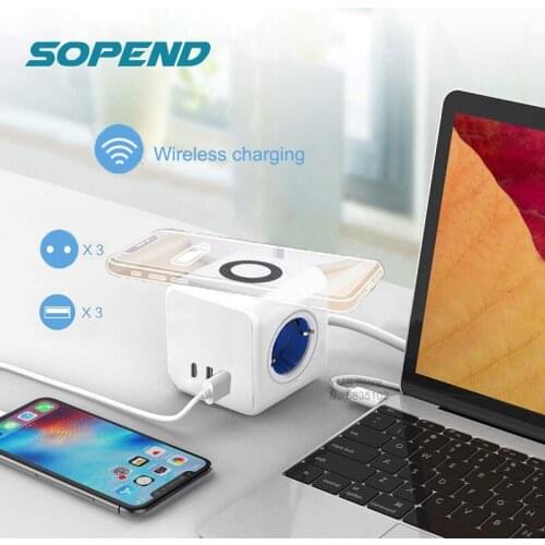 Sopend Usb Type C Ports Power Strip with 15W Wireless Charger Dock Station 1.5m Extension Cord EU Plug Desktop Socket for IPhone