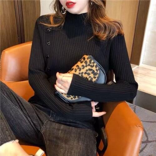 Half Turtleneck Sweater Women Are Thin Wear 2021 Fall and Winter New Womens Loose Split Pullover Pure Color Base Sweater