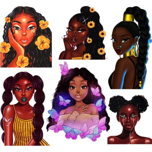 Flower Africa Black Girls Heat Transfer Patches Stripes Applique Fashion Thermo Stickers On Cothes Iron On Patches For Clothing