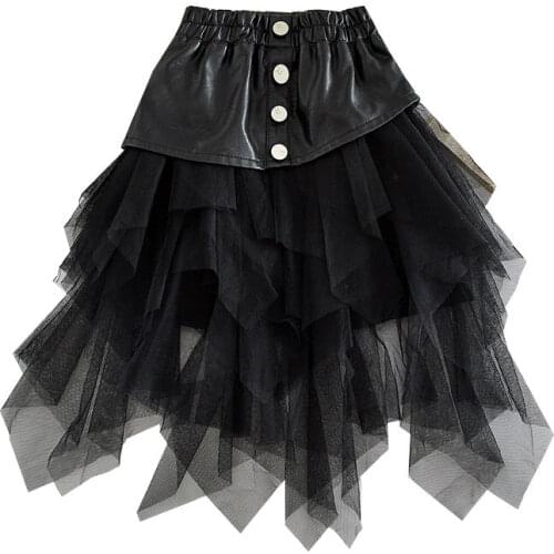 Girls Skirts PU Leather Skirt Childrens Clothing Mesh Patchwork School Student Dance Skirts Kids Leather Skirts For Girl