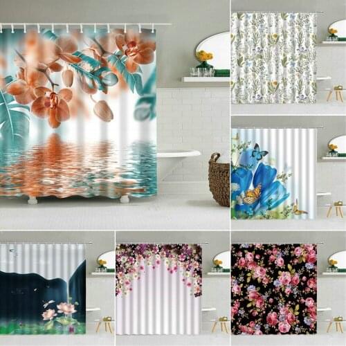 Flower Water Shower Curtain Beautiful Flowers Scenery Girl SPA Yoga Wall Decoration Bath Screen Waterproof Fabric Hooks Curtains