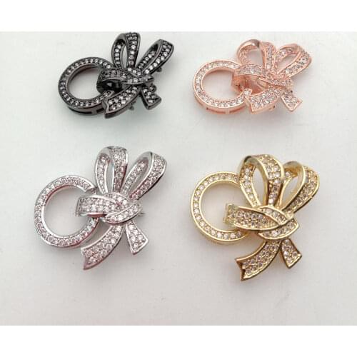 4pcs 3strands Cubic Zircon Micro pave bowknot clasp 25x25mm golden plated