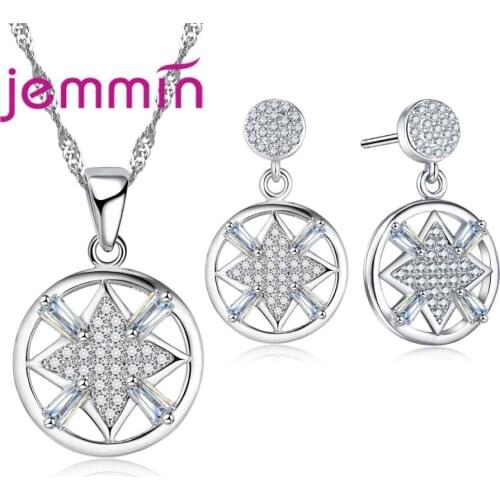Round Square Overlapping Jewelry Set Flower Pendant 925 Sterling Silver Fine Jewelry For Women Girlfriend Gift