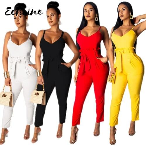Echoine Summer Sexy V Neck Spaghetti Strap Sleeveless Long Jumpsuit Women High Waist Solid Color Skinny Rompers With Pocket Sash