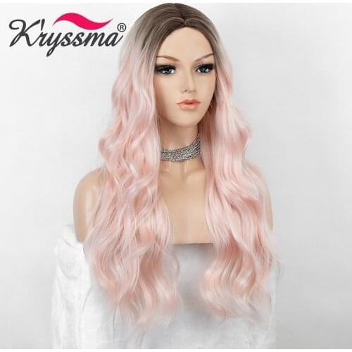 Kryssma Ombre Pink Wig 2020 New Long Wavy Cosplay Wigs For Green Purple Synthetic Wigs Loose Wave Wigs For Women Halloween Party