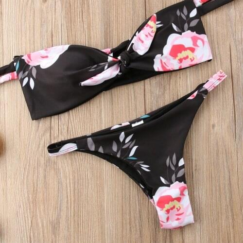 2pcs Set Swimwear Print Strapless Push Up Women Bandage Bikini Push-up Padded Bra Swimsuit Bathing Knot Low Waist