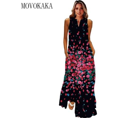 MOVOKAKA New Black Floral Long Dress 2021 Elegant Casual Dresses Summer Woman Plus Size Girls Sleeveless Beach Maxi Dress Women