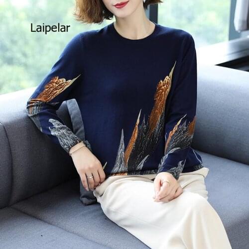 2020 Autumn Winter Casual Knitted Sweater Women Pullover Sweaters Loose Jumper o Neck Long Sleeve Printed Sweater Women