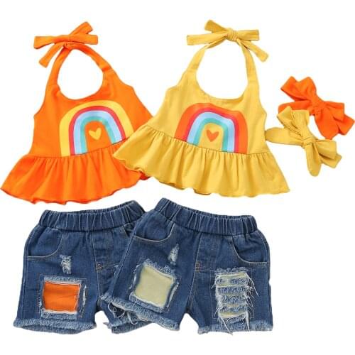 0-6Y Toddler Baby Girl Fashion Summer Clothing Sleeveless Hang A Neck Strap Top Hole Denim Shorts 3Pcs