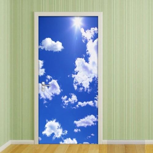 3D Door Mural Wallpaper PVC Waterproof Self-adhesive Wall Sticker Blue Sky And White Clouds 3D Bedroom Door Stickers Home Decor