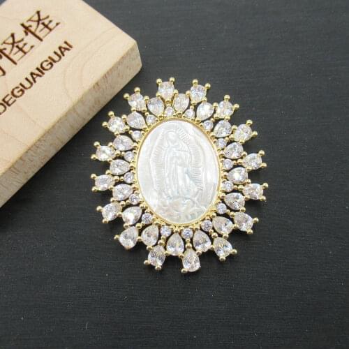 APDGG 34x38mm Virgin Mary White Mop Cameo Shell Gold plated cubic zircon CZ Paved Connector Charms necklace pendant Jewelry DIY