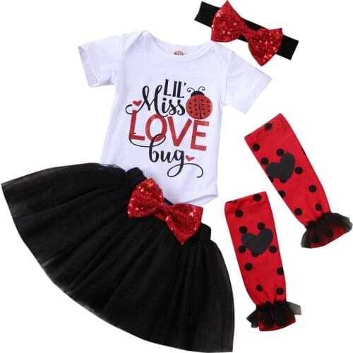 Valentines Day Newborn Baby Girl Short Sleeve Letter Print Bodysuit Tops+Tulle Skirt+Headband+Leg Warmers Clothes