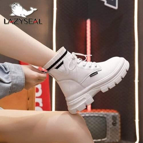 Lazyseal Black Platform Ankle Boots Women Lace Up Fabric Lining Woman Shoes Soft Leather Winter Biker Boots White Botas Mujer