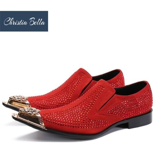 Christia Bella Designer Red Black Rhinestone Party Men Shoes Metal Pointed Toe Wedding Dress Shoes Real Leather Business Shoes