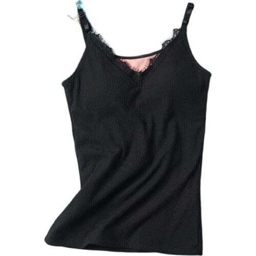 Women Sleeveless Straps Cami Warm Lace Thermal Underwear Padded Fleece Lined Layer Home Outdoor Winter Tank Tops Basic Shirts