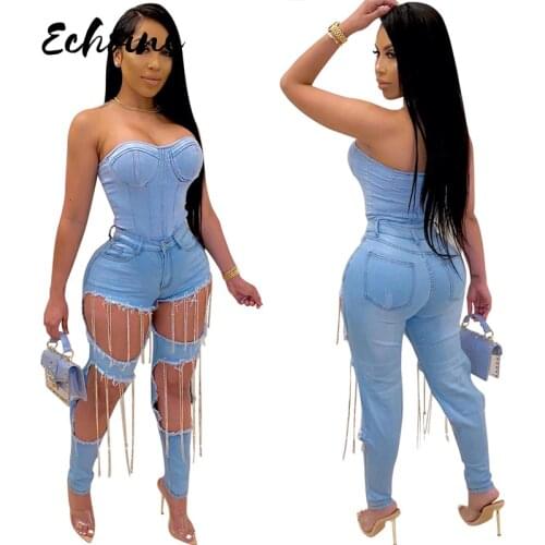 Summer Denim Pants Women Retro Solid Sexy Hole Jeans Ripped Chain Tassel Trousers Street Skinny High Waist Lady Pants Plus Size
