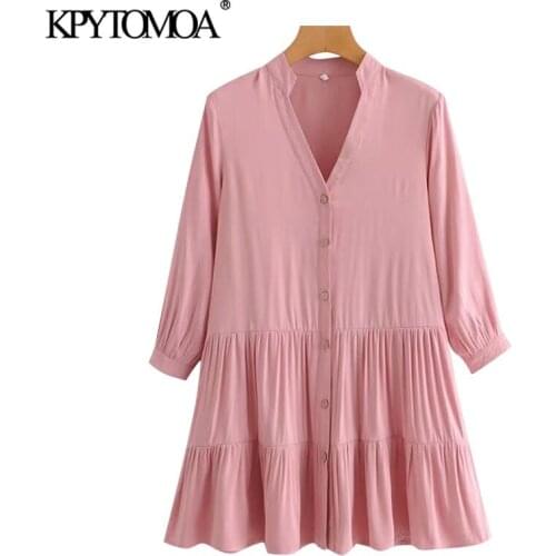 KPYTOMOA Women 2021 Chic Fashion Button-up Loose Mini Dress Vintage V Neck Three Quarter Sleeves Female Dresses Vestidos Mujer