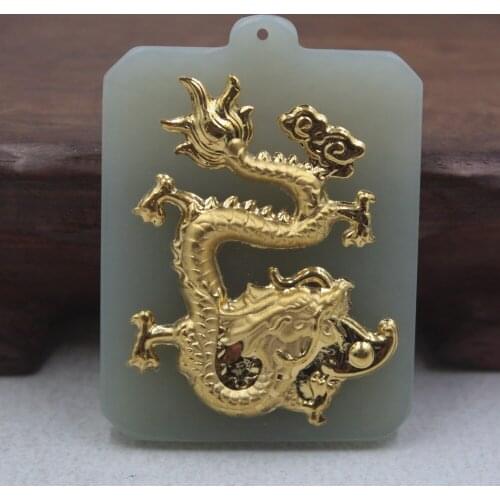 Fine 3D 24K Yellow Gold &Hetian Jade Pendant Dragon Card Pattern 47*34mm Fashion For Women Man