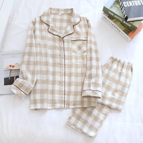 Fashion Leisure Women Pajamas Set Cotton Cardigan Printing Plaid Turn-Down Collar Long Sleeve Trousers Suit Home Wear Nightwear