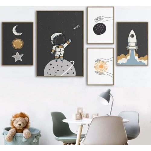 Cartoon Space Astronaut Planet Rocket Nursery Canvas Painting Posters and Prints Wall Art Pictures for Baby Kids Room Decoration