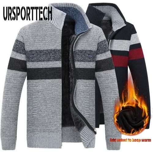 URSPORTTECH 2020 New Cardigan Sweater Men Coat Casual Stand Collar Male Jacket Coats Fashion Men Striped Knitted Sweater Size3XL