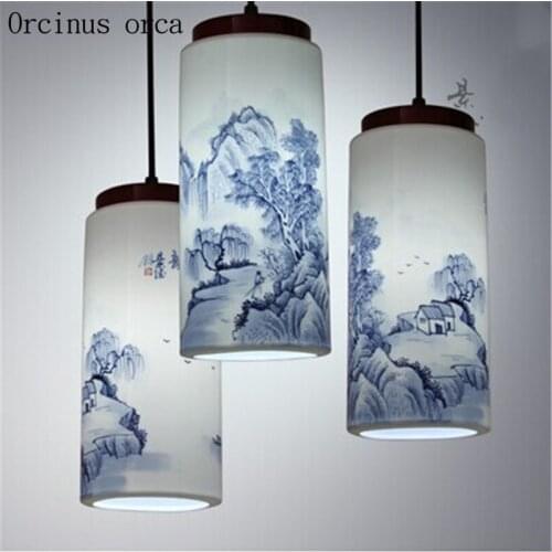 New classical hand-painted ceramic chandelier restaurant balcony Chinese solid wood blue and white porcelain LED Chandelier