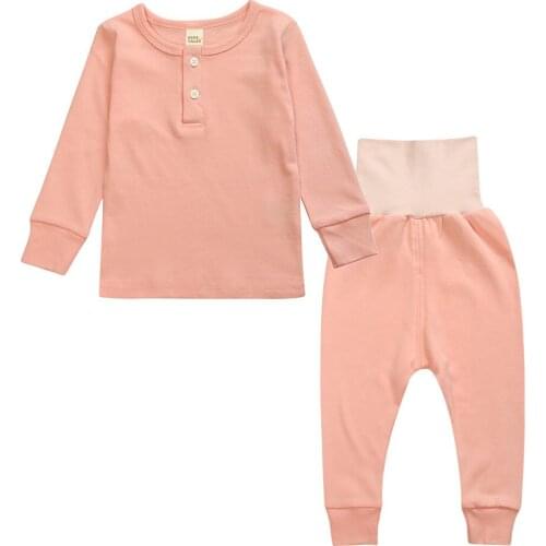 2017 Children Pajamas Suit Spring Autumn Long sleeve Cotton Pajama Boy Girl Care Belly Suit Solid Color Home Clothing Sleepwears