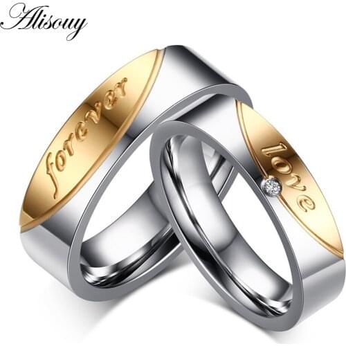 Alisouy CZ Forever love Couple Rings Men/Womens Stainless Steel Gold Color Wedding ring for lover forever love finger jewelry