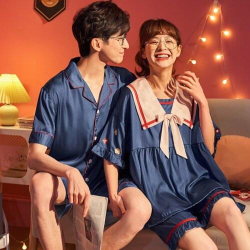 Summer Ice Silk Couple Pajamas Set Men Women Short Sleeve Homewear Kawaii Floral Women College Style Turn-down Collar Sleepwear