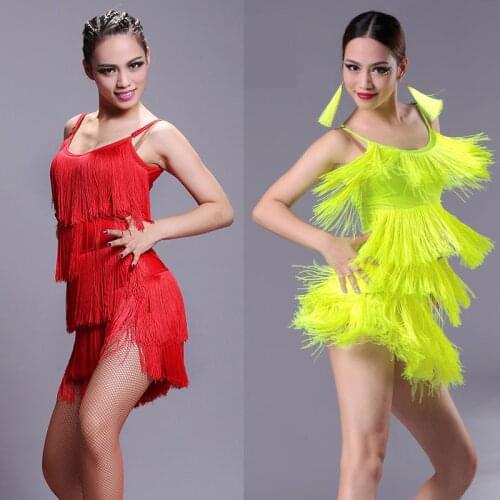 2020 new girls kids adult modern ballroom latin dance dress tassel fringe salsa tango dance wear black performance stage wear
