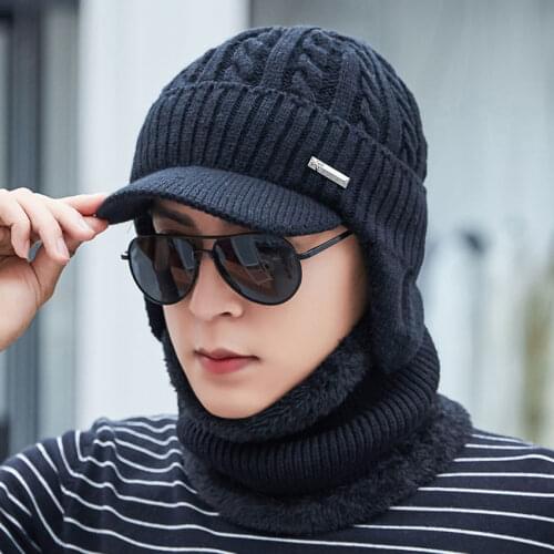 Men Winter Hat And Scarf Set For Women Scarves Cap With Brim Knitted Visor Skullies Beanies Male Warm Earflaps Caps Balaclava