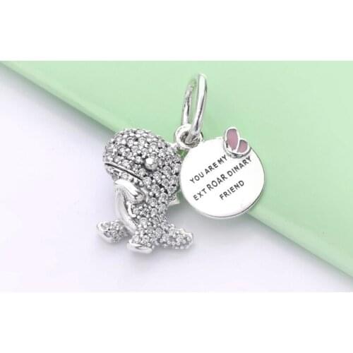 Free Shipping Authentic 925 Sterling Silver Pave Dinosaur Dangle Charm Fit Original Bracelet For Women DIY Jewelry S925 Beads