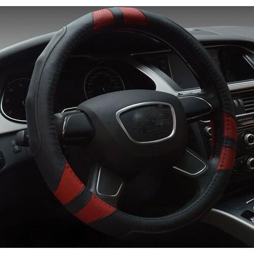 38cm Universal Leather Car Steering Wheel Cover Auto 15 Inch Black + Red