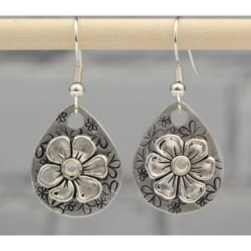 Vintage Engraving Flower Big Water Drop Earrings 2021 Tribal Metal Blossom Floral Statement Dangle Earrings for Women