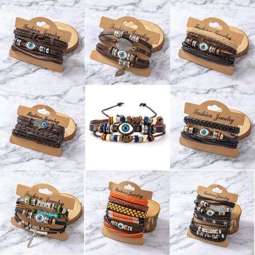 Vintage Adjustable Leather Mens Bracelet Braided Handmade Evil Eye Rope Wrap Beads Charm Bracelets for Women Jewelry