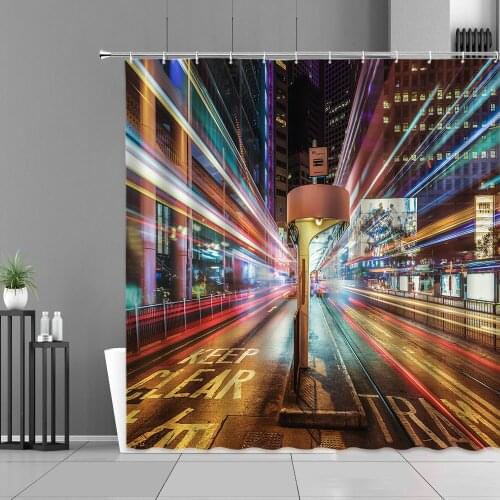 Dark Night City Airport Neon Light Printing Shower Curtain Bath Screen Curtains Polyester Waterproof Home Decoration Belt Hook