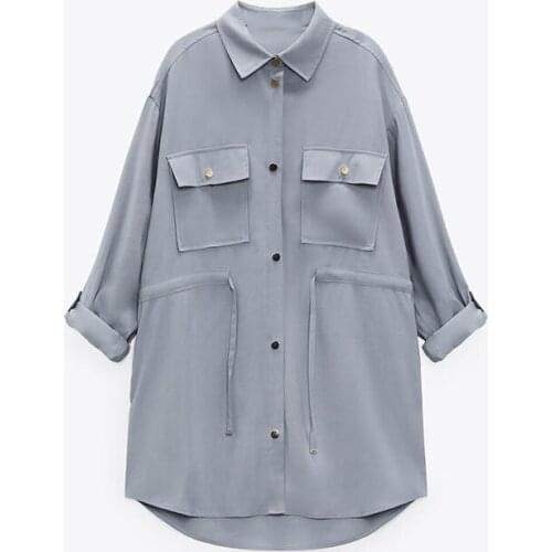 2021 Spring New Women Solid Long Sleeve Vintage Shirt Jacket Lace Up Turn-down Collar Outwear Female Casual Loose Coat Chic Tops