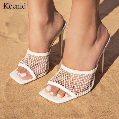 Kcenid White black mesh slippers summer new sexy PU square head high heels party shoes fashion slip on slides women mules shoes