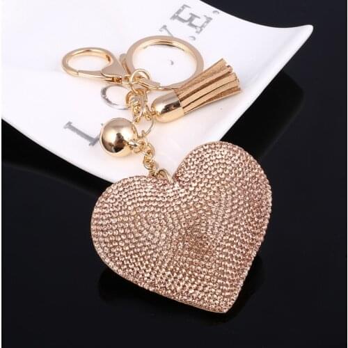 Women Heart Key Ring Holder Champagne Crystal Key Cover Leather Tassel Lovers Key Caps Golden Car Bag Pendant Fashion Key Chain