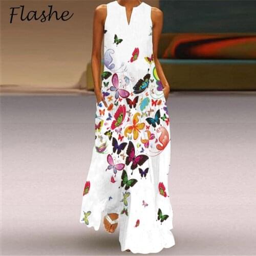 Summer Bohemian Maxi Long Dress Women Floral Printed Sleeveless Sundress Party Dress Plus Size Pocket Dresses For Women 2021