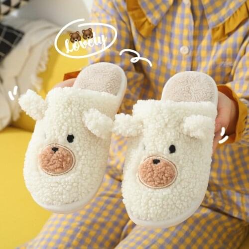 Winter Home Cotton Warm Slippers Women Men Fur Shoes Cute Non-slip Soft Sole Indoor Bedroom House Female Couples Furry Slides