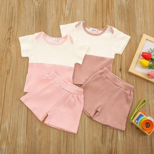 40# Summer Kids Clothing Suit Baby Girls Solid Patchwork Short Sleeve Ribbed Tops T-shirts Shorts Set Outfits Детская Одежда