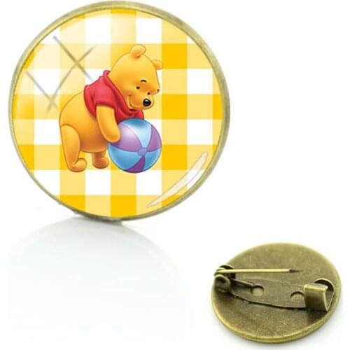 Disney Cute Winnie The Pooh Brooch Yellow Plaid Background Cabochon Art Picture Jewelry Badge Glass Pin Dome Brooch