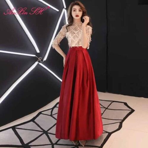 AXJFU princess golden lace wine red satin long evening dress fashion high neck sparkly half sleeve black satin evening dress