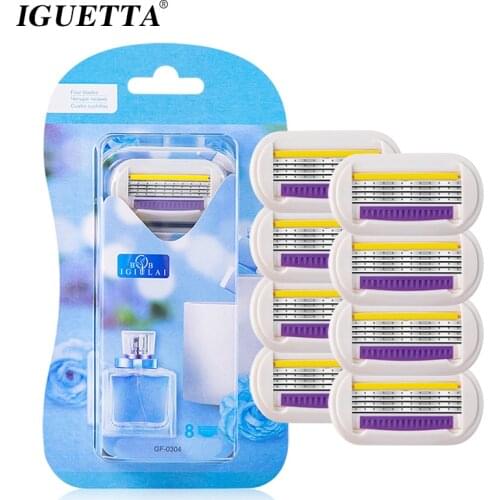IGUETTA 8Cartridges Razor Women Blades Body Hair Remover vitamin E Lubricant Strip Steel Shaving Razor Ladies No Handle