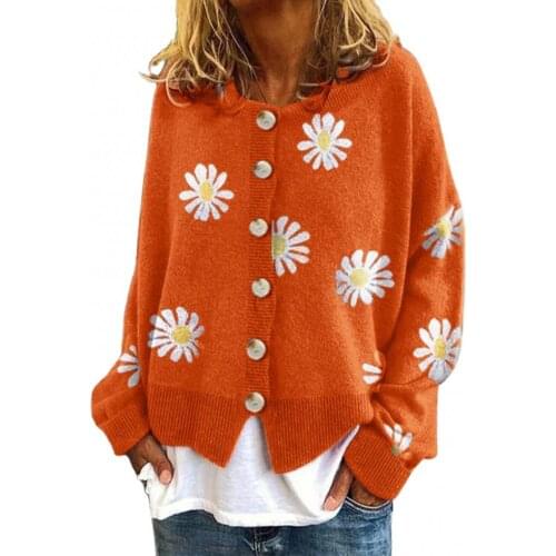 Hot Sales Women Long Sleeve Marguerite Print Sweater Cardigan Autumn Knitted Jacket Coat