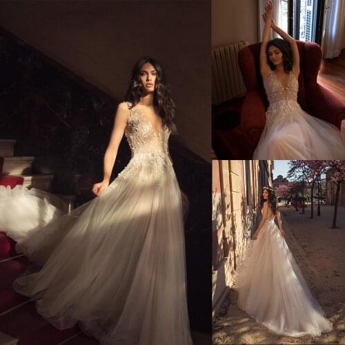 Illusion Ball Gown Wedding Dresses Lace Applique Sash Deep V Neck Backless Tulle Vestido De Noiva Custom Made Bridal Dress