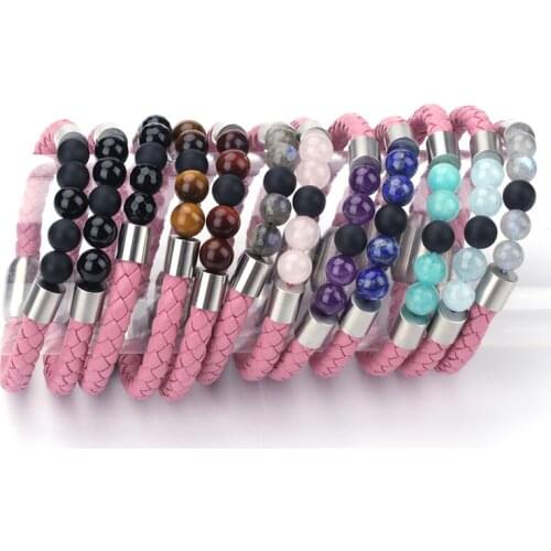 KEJIALAI 8mm Multi Colors Natural Semi Precious Stone Bead Stainless Steel Charms Pink Leather For Cust Unisex Bracelet B5005