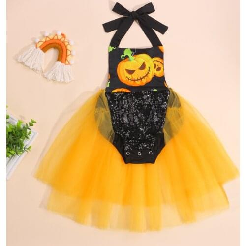 Toddler Baby Girls Pumpkin Print Romper Dress Cute Kids Sleeveless Square Collar Short Halter Mesh Jumpsuit with Sequins